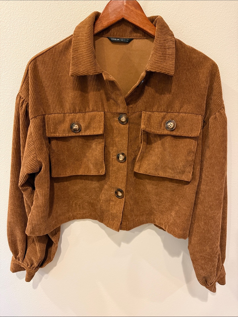 SHEIN Cropped Corduroy Utility Jacket in Camel
